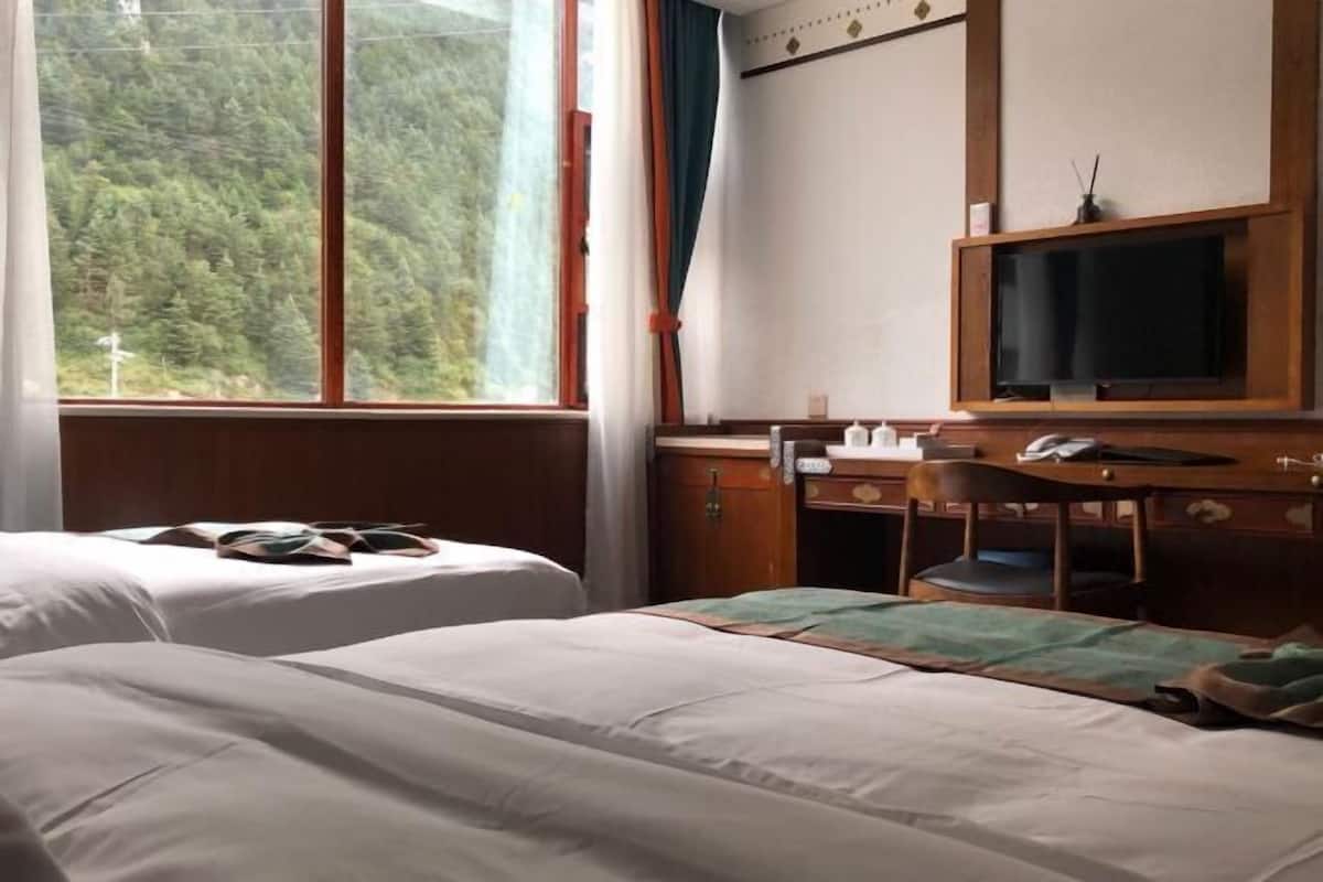 Ein Hotelzimmer mit zwei Betten, einem Schreibtisch mit Stuhl, einem Fernseher und einem Fenster mit Blick auf einen Wald.
