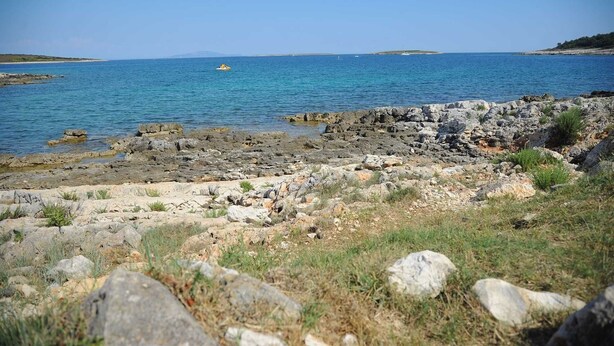 A rocky shoreline with clear blue water and a distant boat. - Apartment Branka for 2 -3 person (Premantura)