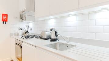 Deluxe Apartment | Private kitchen | Full-size fridge, microwave, oven, stovetop