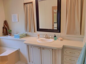 A bathroom with a white sink, a mirror, and a vanity with drawers. There is a potted plant on the counter and a towel rack with towels. - Royal Springs Riverfront Retreat on 3 acres, kayak/canoe, boat ramp, huge decks! (obrien)