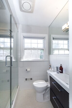 Hair dryer, towels, soap, shampoo