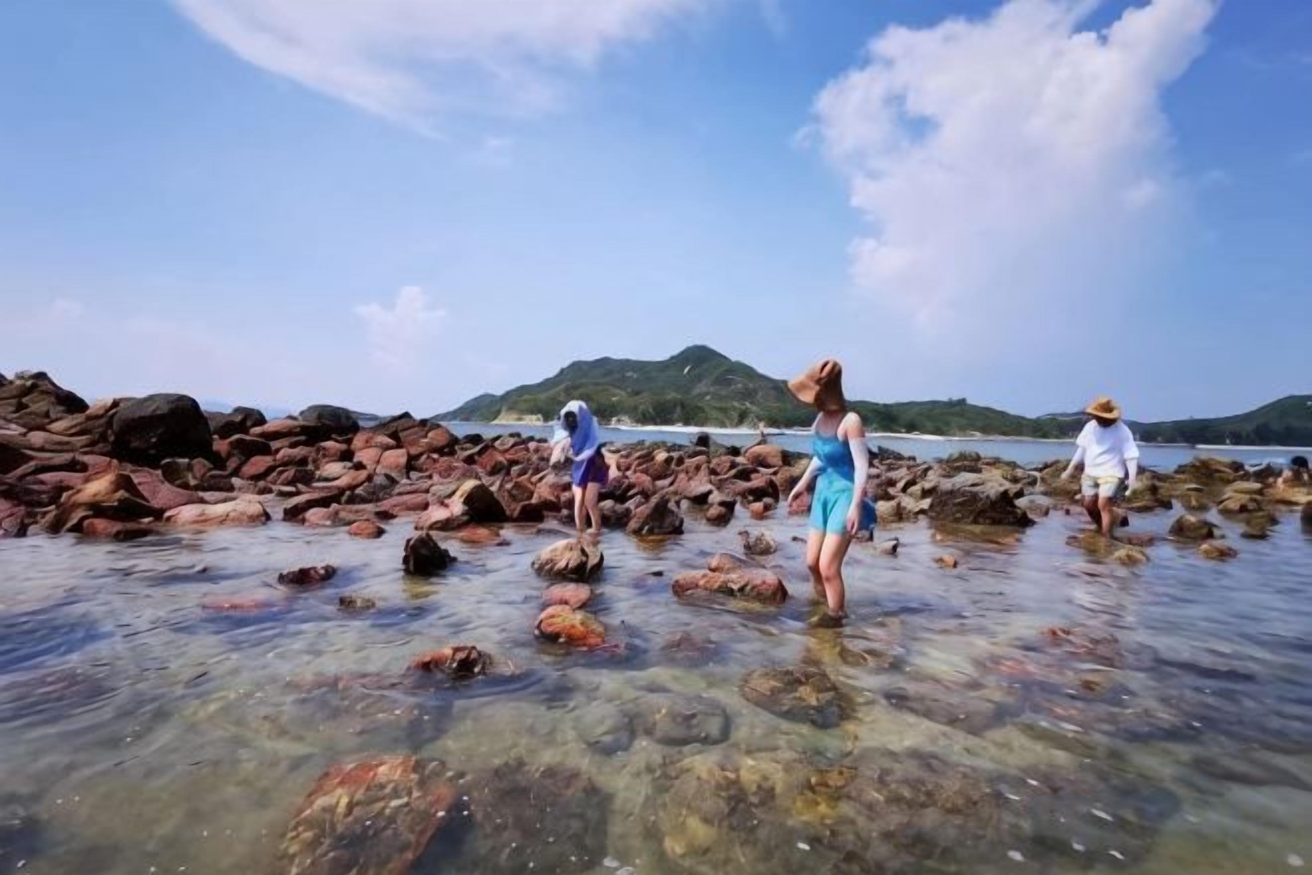 A rocky beach with clear water and a distant mountain.