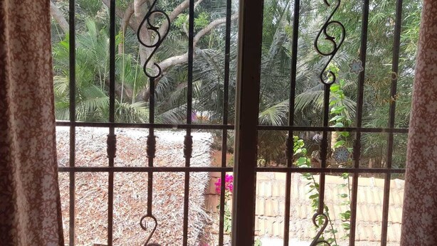 A view through a metal gate with decorative elements, leading to a garden area with various plants and a mulched ground. - Villa Le Bonheur Auroville Pondicherry India (Bommayapalayam)