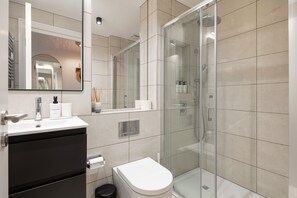 Douche, séchoir à cheveux, serviettes fournies, savon