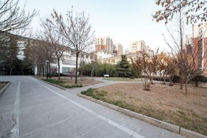 Un barrio residencial con un sendero pavimentado, árboles sin hojas y edificios de varios pisos al fondo.