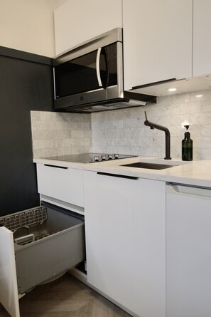 Frigorífico, microondas, placa de cocina y lavavajillas