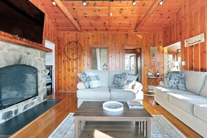 Smart TV, fireplace, music library, video library