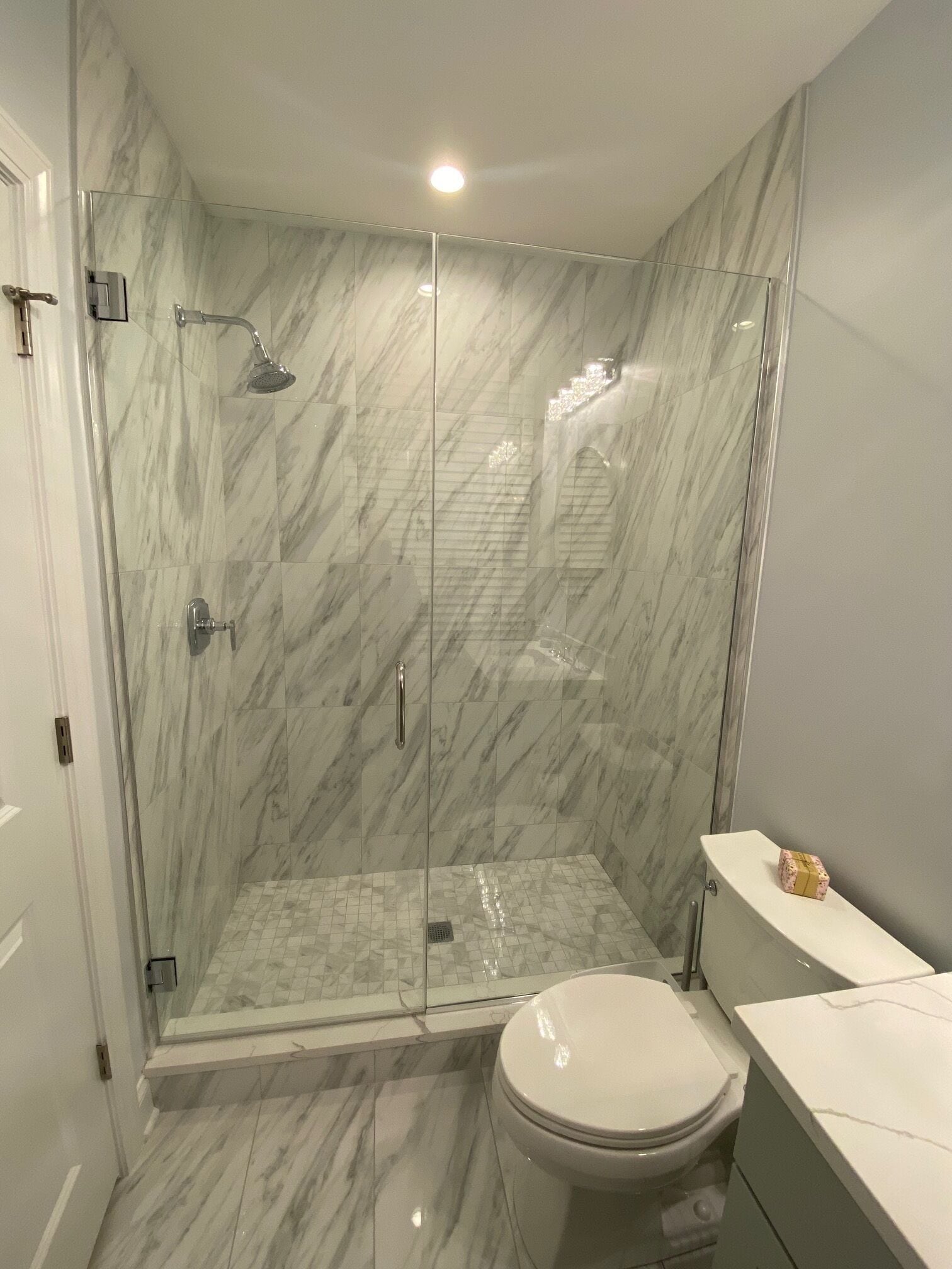 A modern bathroom with a glass-enclosed shower, a toilet, and a vanity with a mirror.