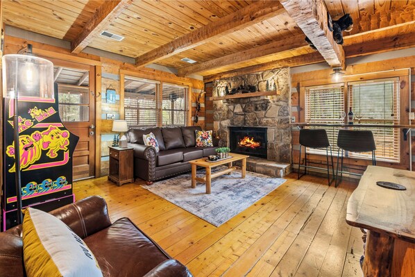 Smart TV, fireplace, DVD player, books