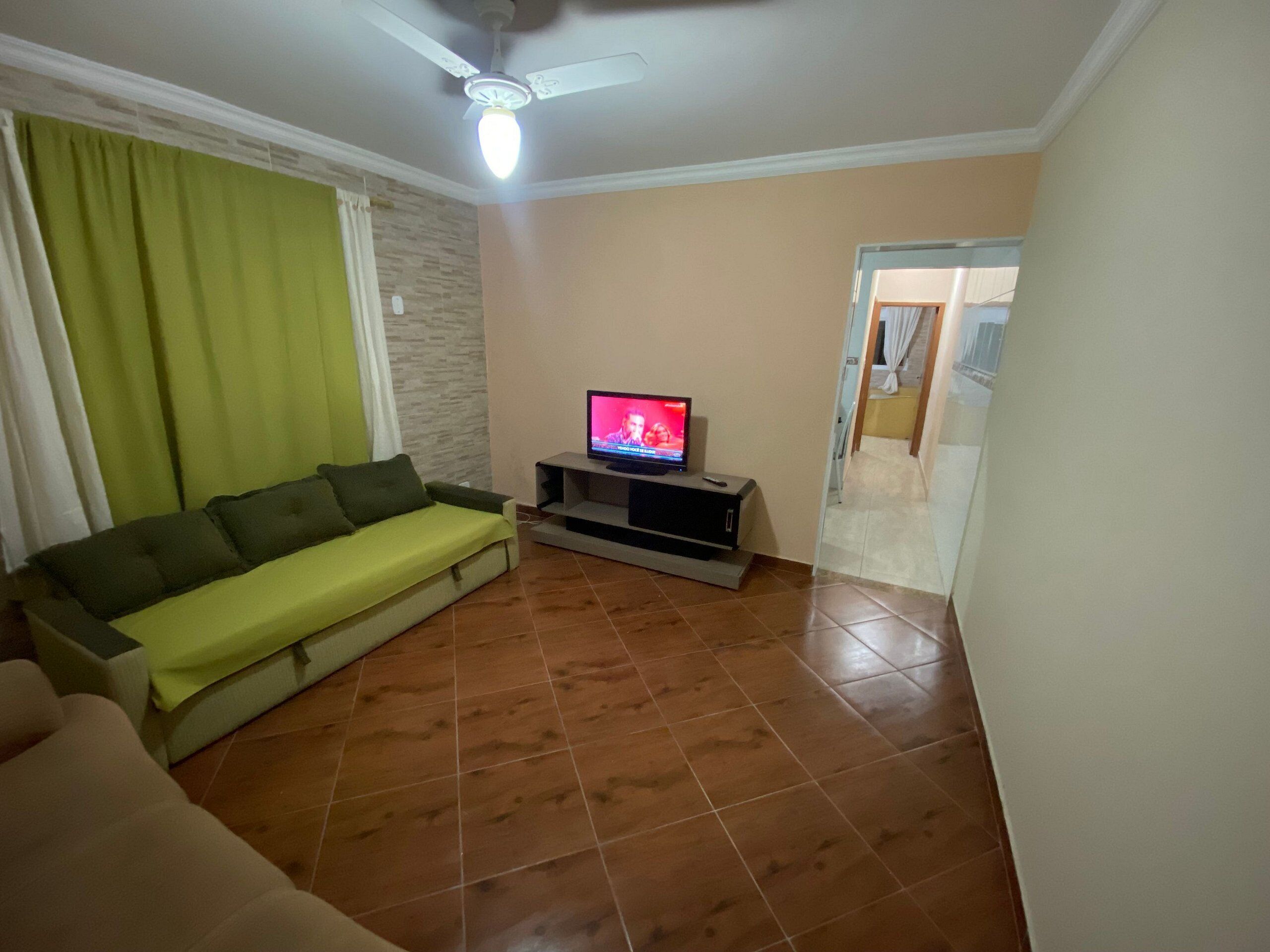 Een woonkamer met een groene bank, een televisie op een standaard en een plafondventilator.