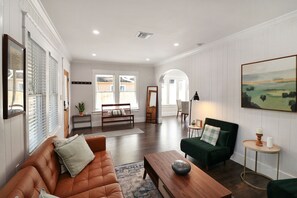 Smart TV, fireplace, books