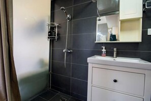 A modern bathroom with a shower, a sink, and a mirror.