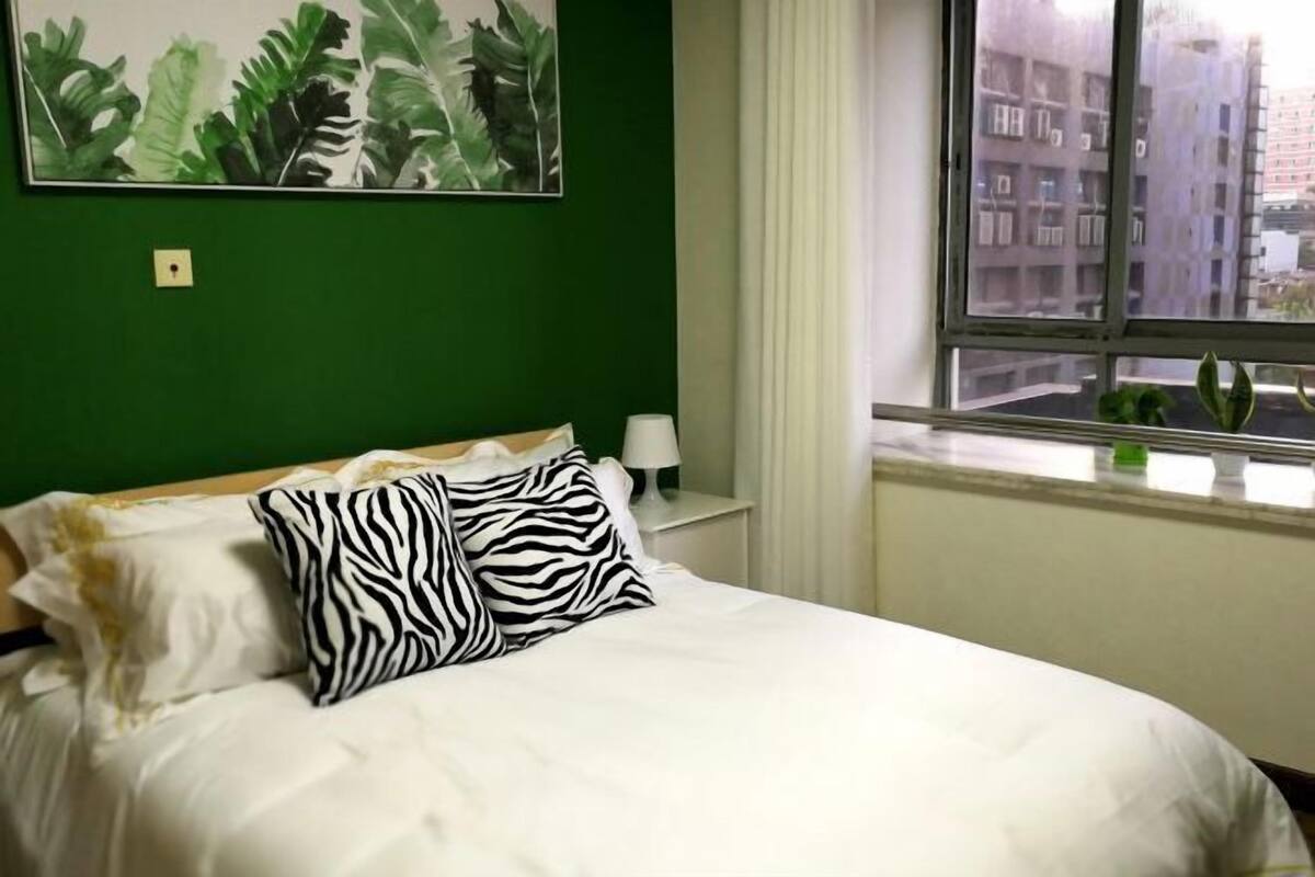 A bed with white bedding and zebra-patterned pillows, a nightstand with a lamp, a green wall, and a window with a view of buildings.