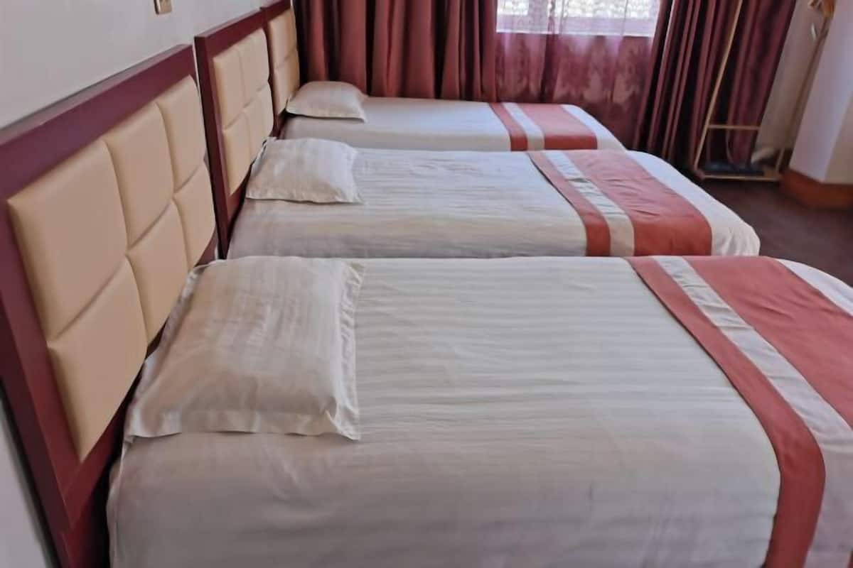 Une chambre d’hôtel avec trois lits, chacun doté d’une tête de lit et d’oreillers.