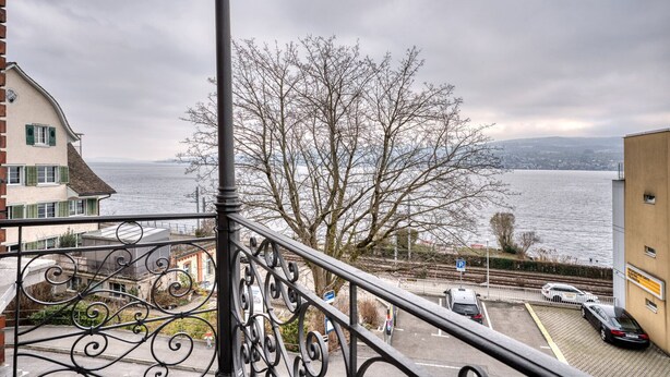 A balcony with a view of a body of water, a tree, and a parking area with cars. - Modern Horgen 2.5 Room w/ Storage & W/D, 3 min to Market, by Blueground (Zurich)