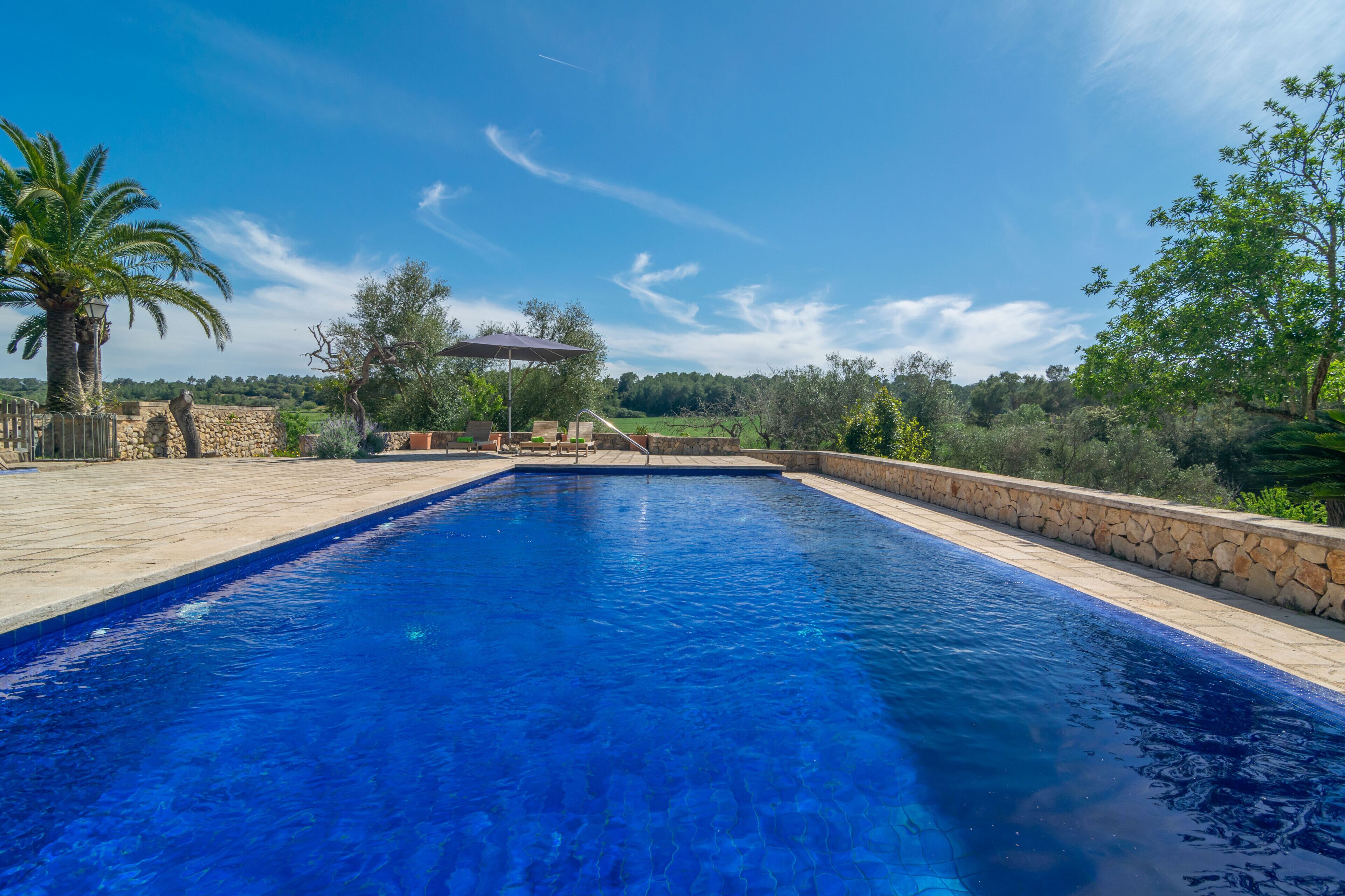 Une piscine rectangulaire à l’eau d’un bleu limpide, entourée d’un mur de pierre et d’une terrasse en bois.