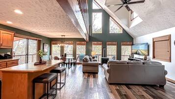 Smart TV, fireplace, video games, DVD player