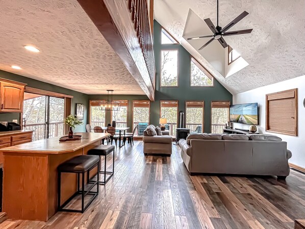 Smart TV, fireplace, video games, DVD player