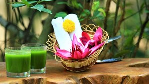 Ein Holztisch mit zwei Gläsern grüner Flüssigkeit und einem Korbwannen-Korb, der rosa Blumen und weiße Servietten enthält.