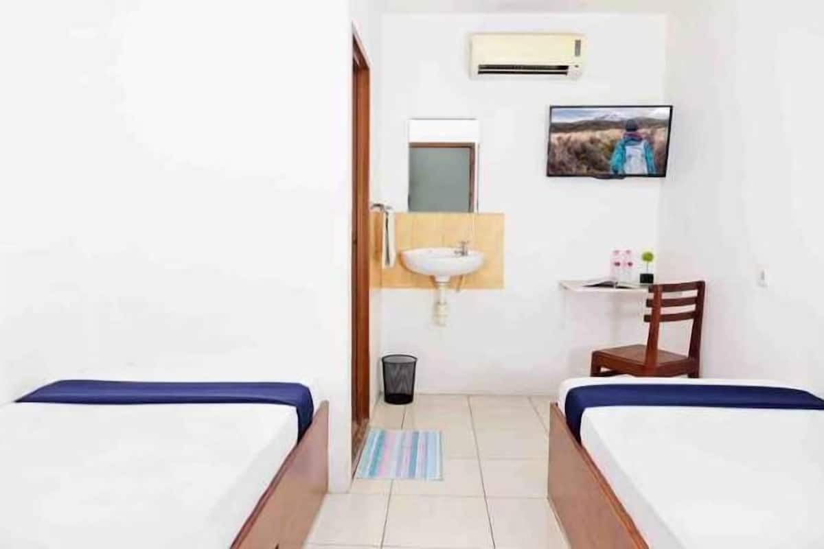 Een kleine, schone kamer met twee bedden, een wastafel, een spiegel, een televisie en een stoel.
