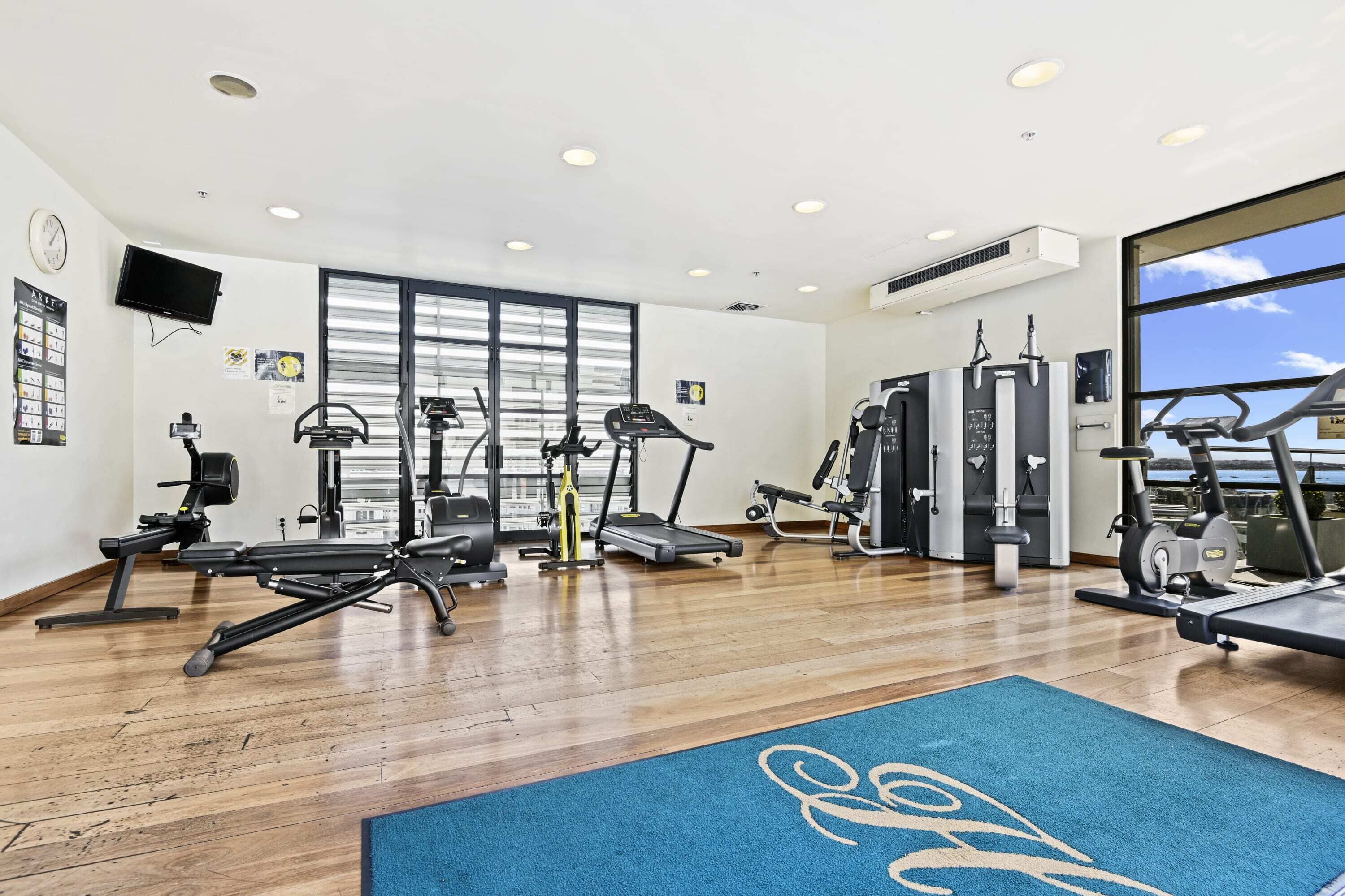 A gym with various exercise equipment, large windows, and a blue mat with a logo.