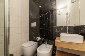 Shower, hair dryer, bidet, towels