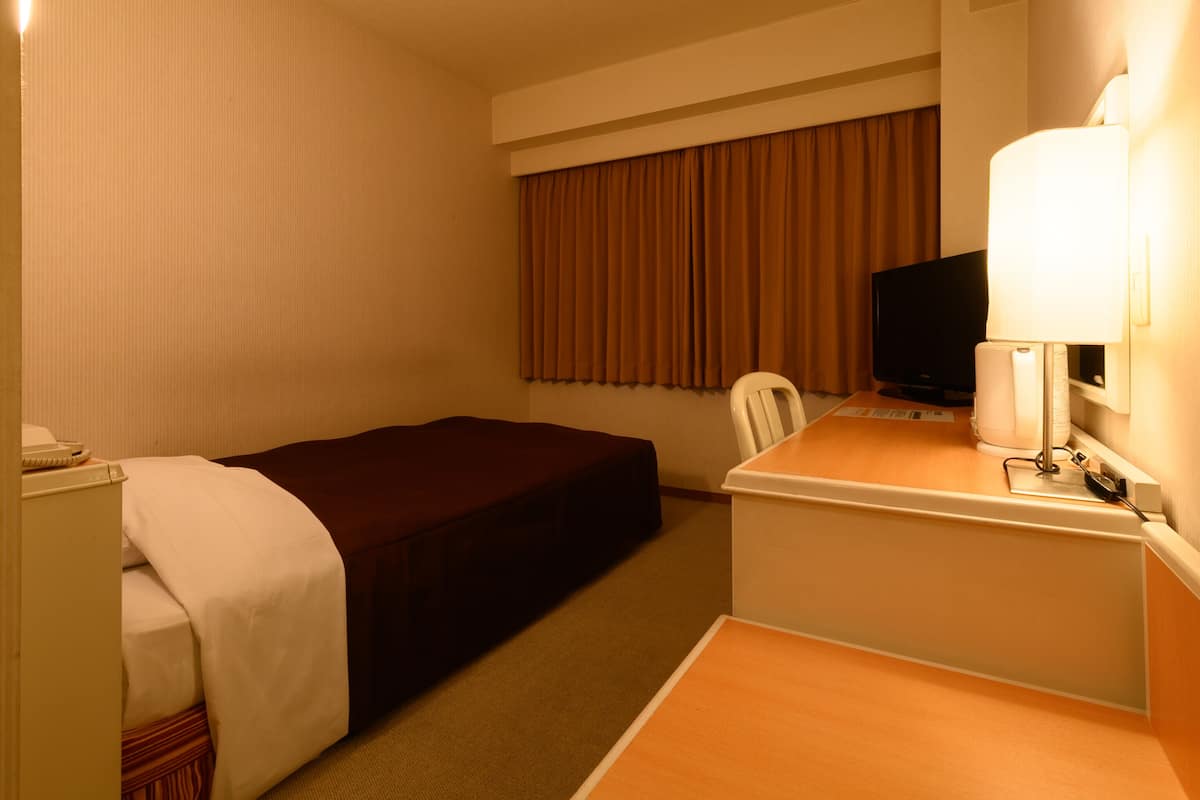 Una habitación de hotel con una cama, un escritorio con lámpara, una silla y un televisor.
