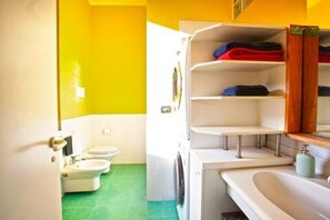Combined shower/bathtub, bidet, towels, shampoo