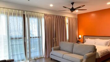 Desk, blackout curtains, iron/ironing board, free WiFi