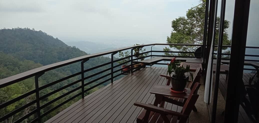 A wooden deck with a railing, potted plants, and a bench.