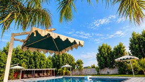 Une piscine dotée d’une terrasse carrelée, entourée de palmiers et surplombée d’un ciel dégagé.