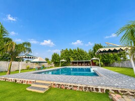 A swimming pool with a stone deck, surrounded by grass and palm trees.