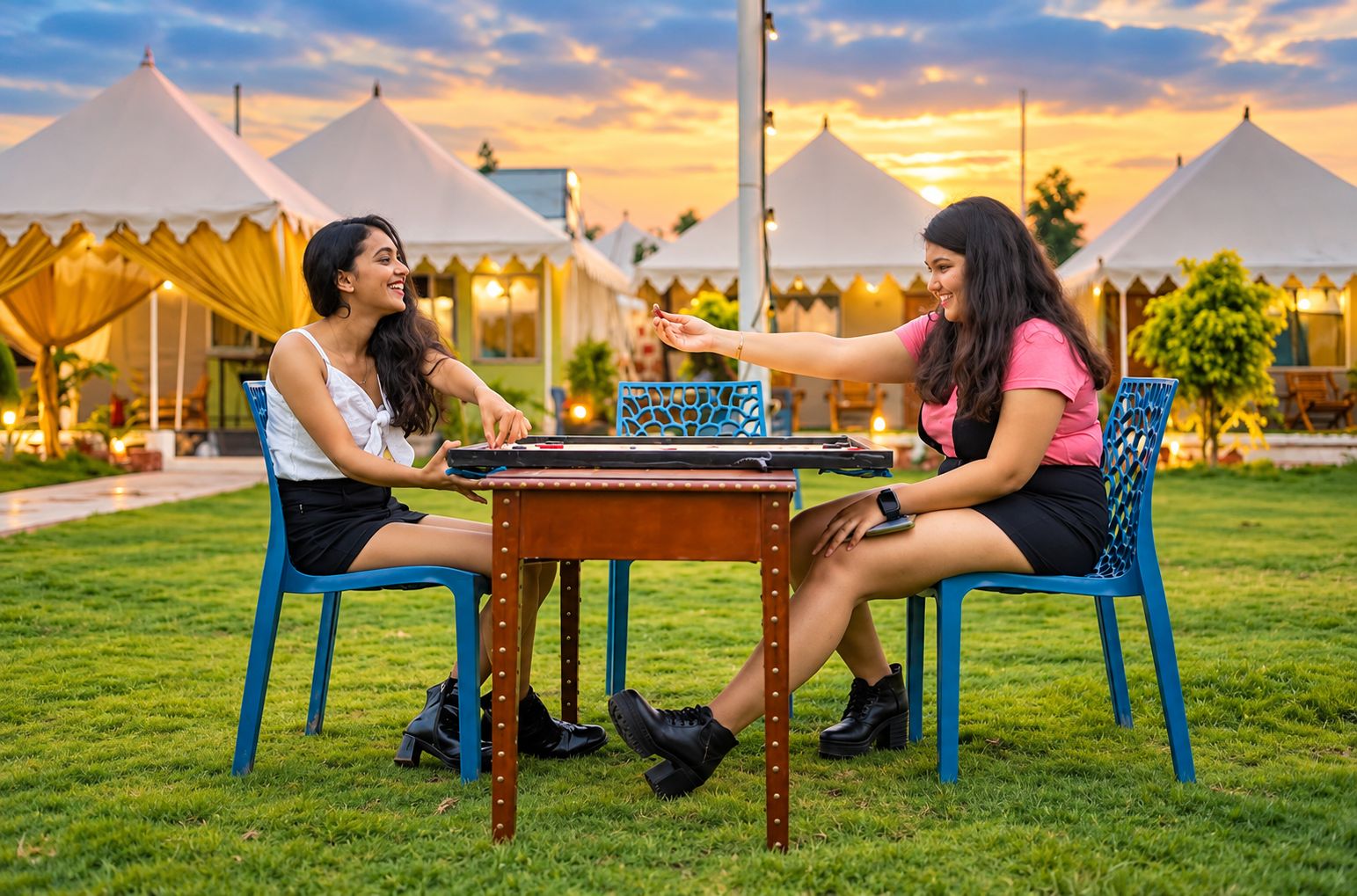 Two individuals playing a board game outdoors with a table and chairs, tents in the background, and a grassy area.