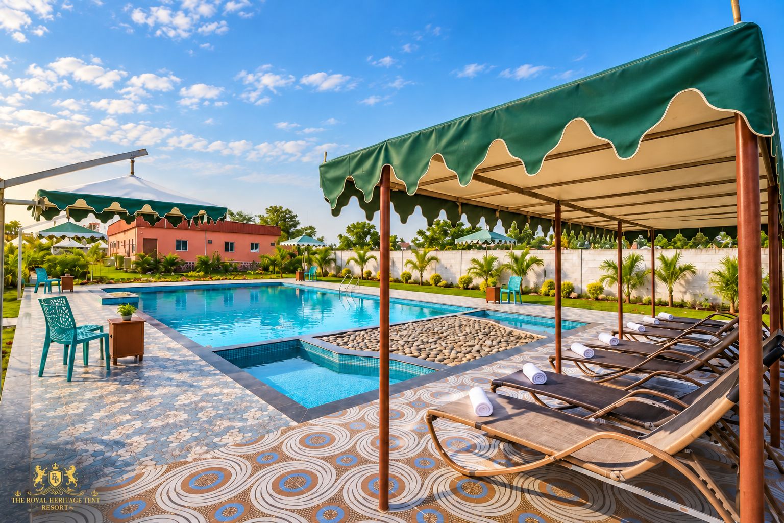 A swimming pool with lounge chairs and a covered seating area, surrounded by a landscaped garden.