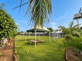 A well-maintained lawn with a pavilion, outdoor seating, and a clear sky.