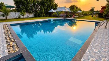 A rectangular swimming pool with a patterned tile design, surrounded by a tiled deck with a stone border.