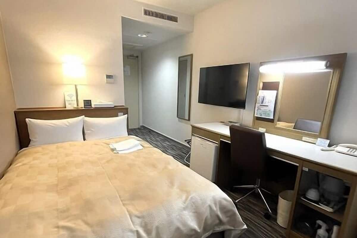 A hotel room with a bed, a desk, a chair, a television, and a mirror.