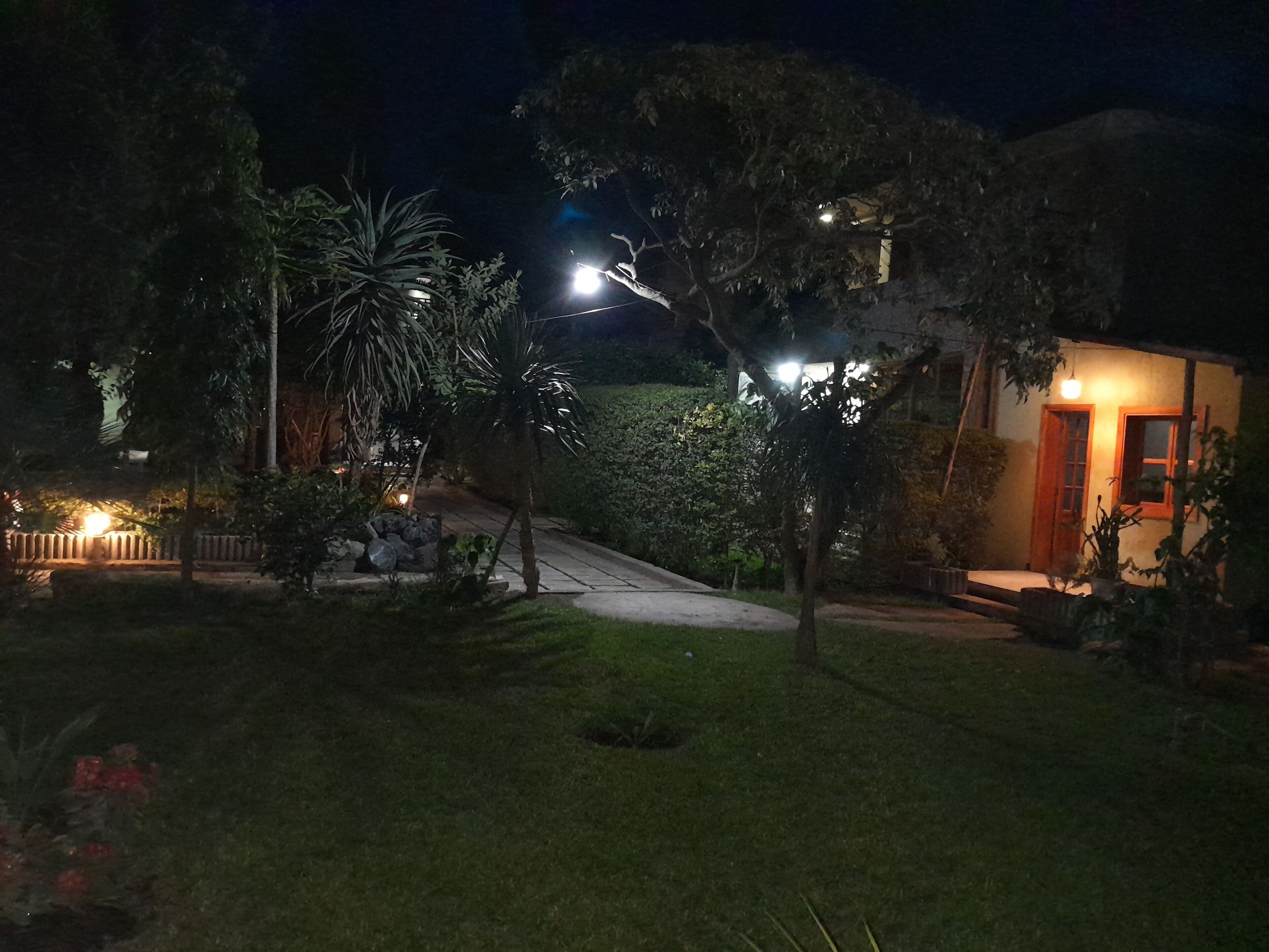 Vista nocturna de una zona residencial con una casa bien iluminada, camino de entrada pavimentado y vegetación circundante.