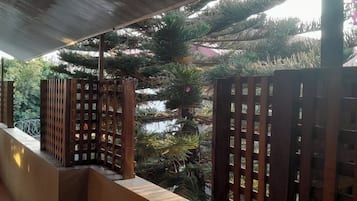 A balcony with wooden railings and a view of a pine tree.