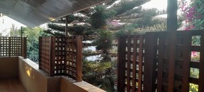 A balcony with wooden railings and a view of a pine tree.