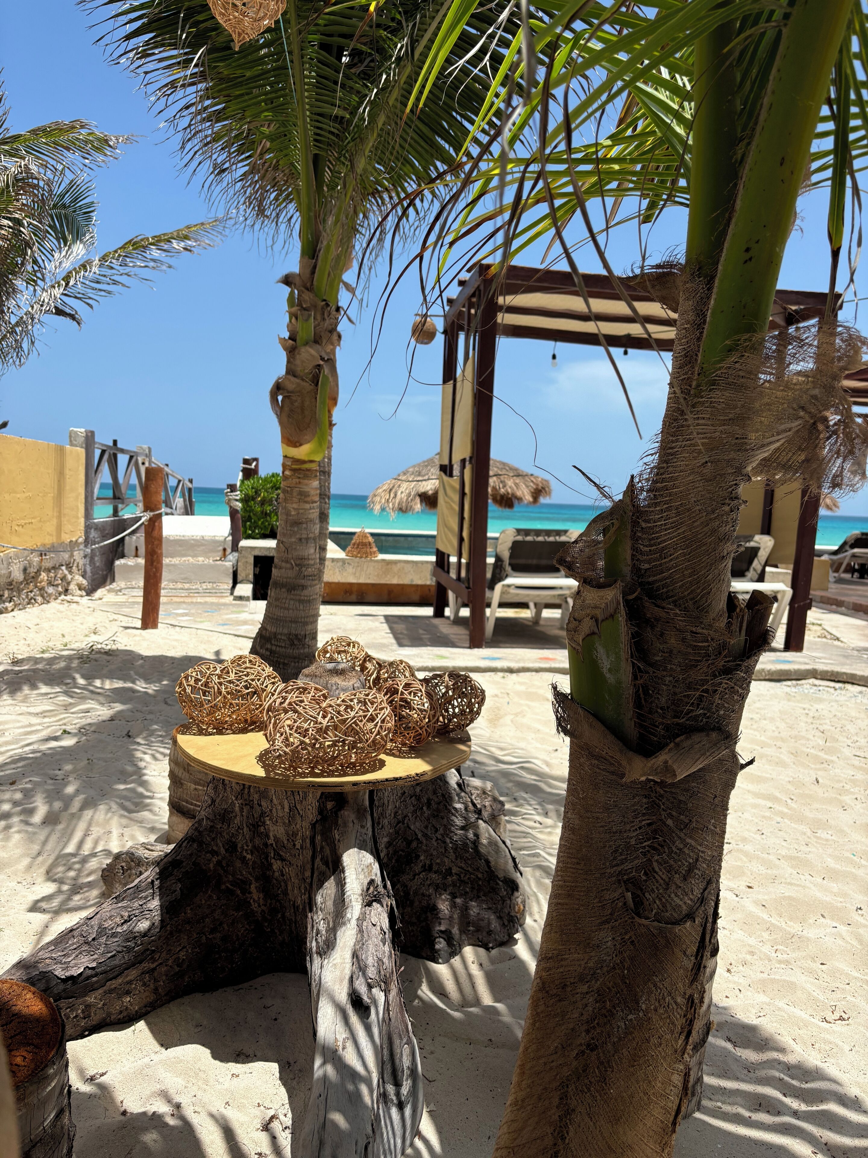 On the beach, sun loungers, beach towels
