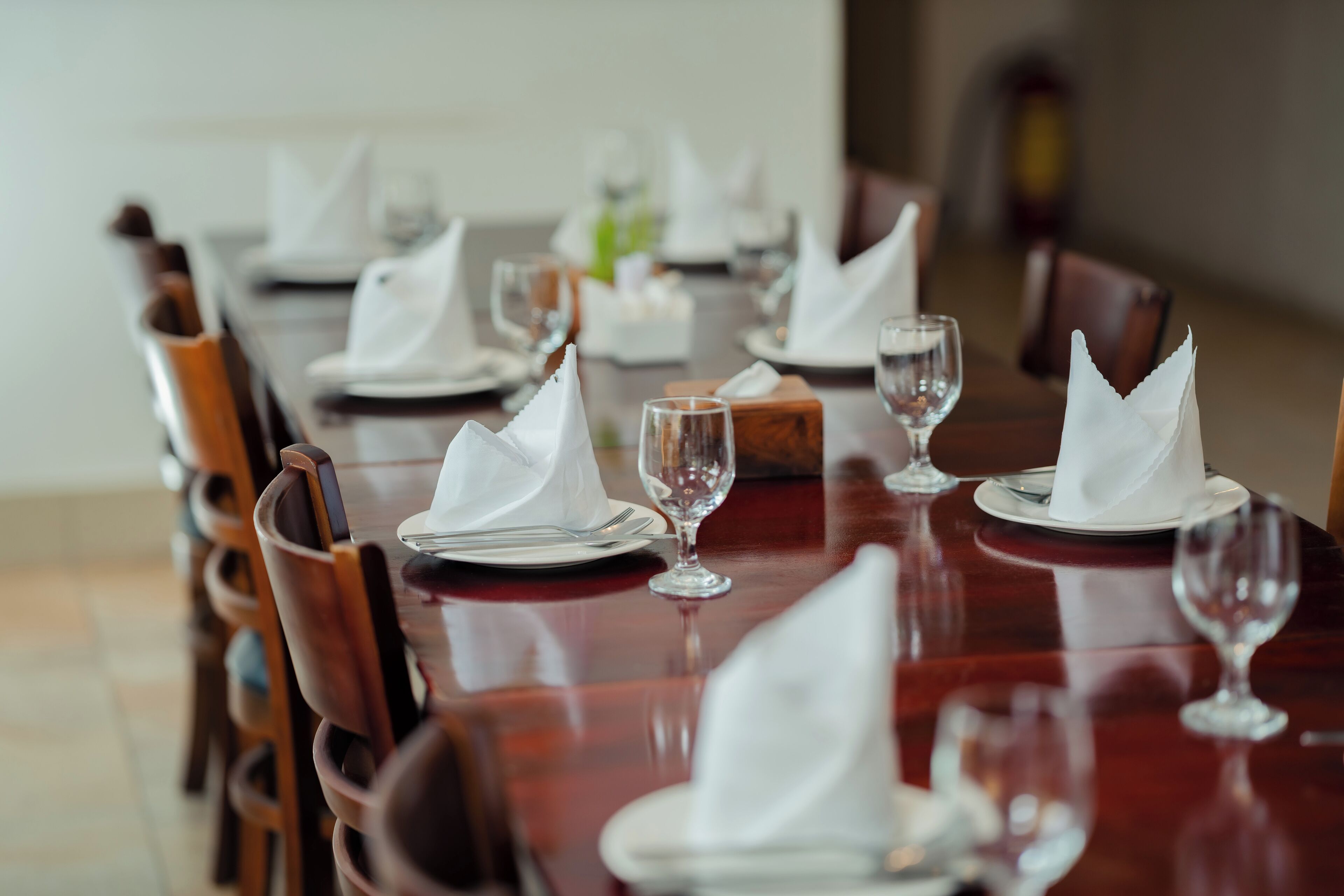 Une table à manger dressée avec des serviettes blanches, des assiettes et des verres à vin, entourée de chaises en bois.