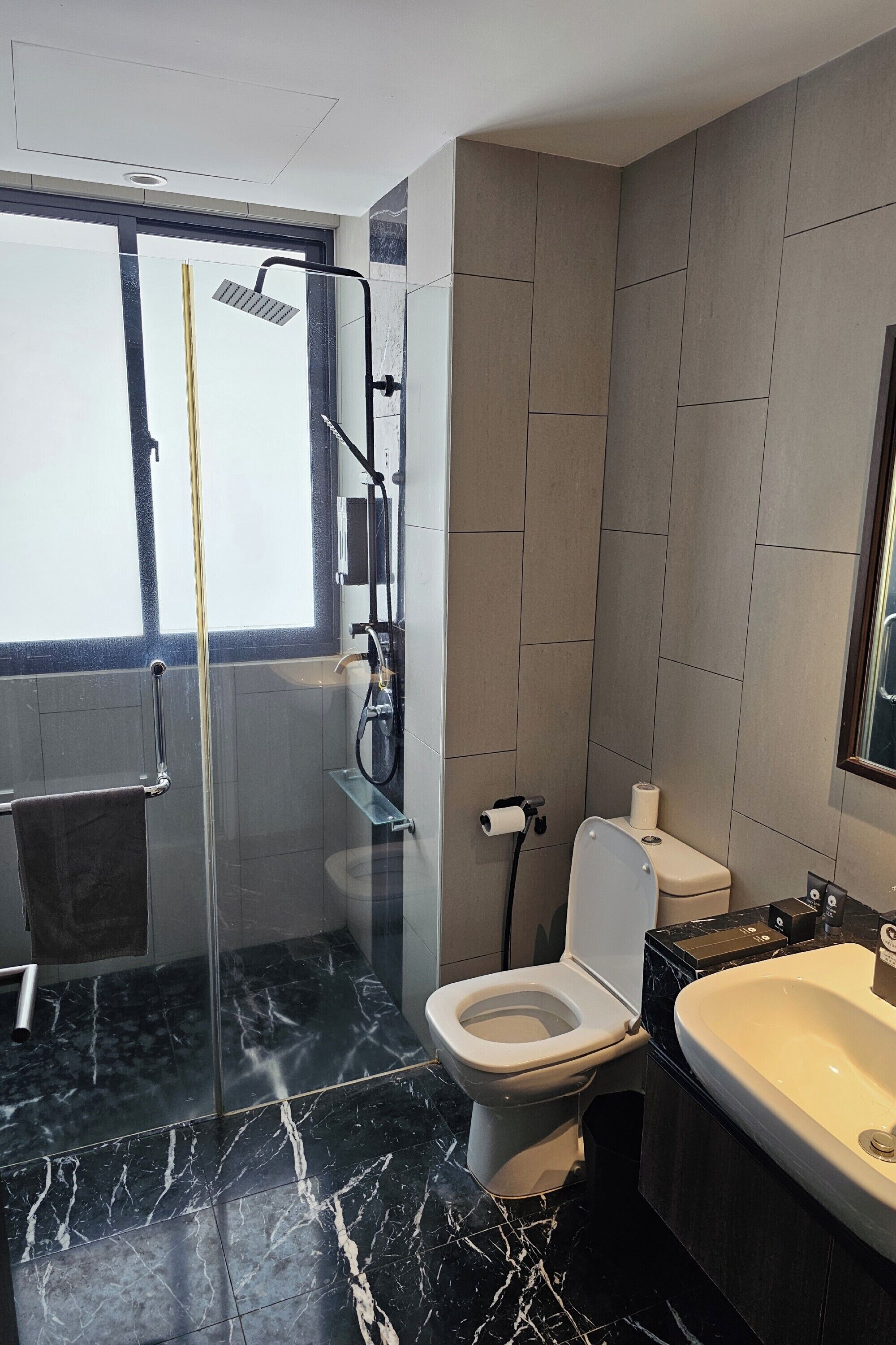 Un baño moderno con ducha envuelta en vidrio, un inodoro y una bañera.