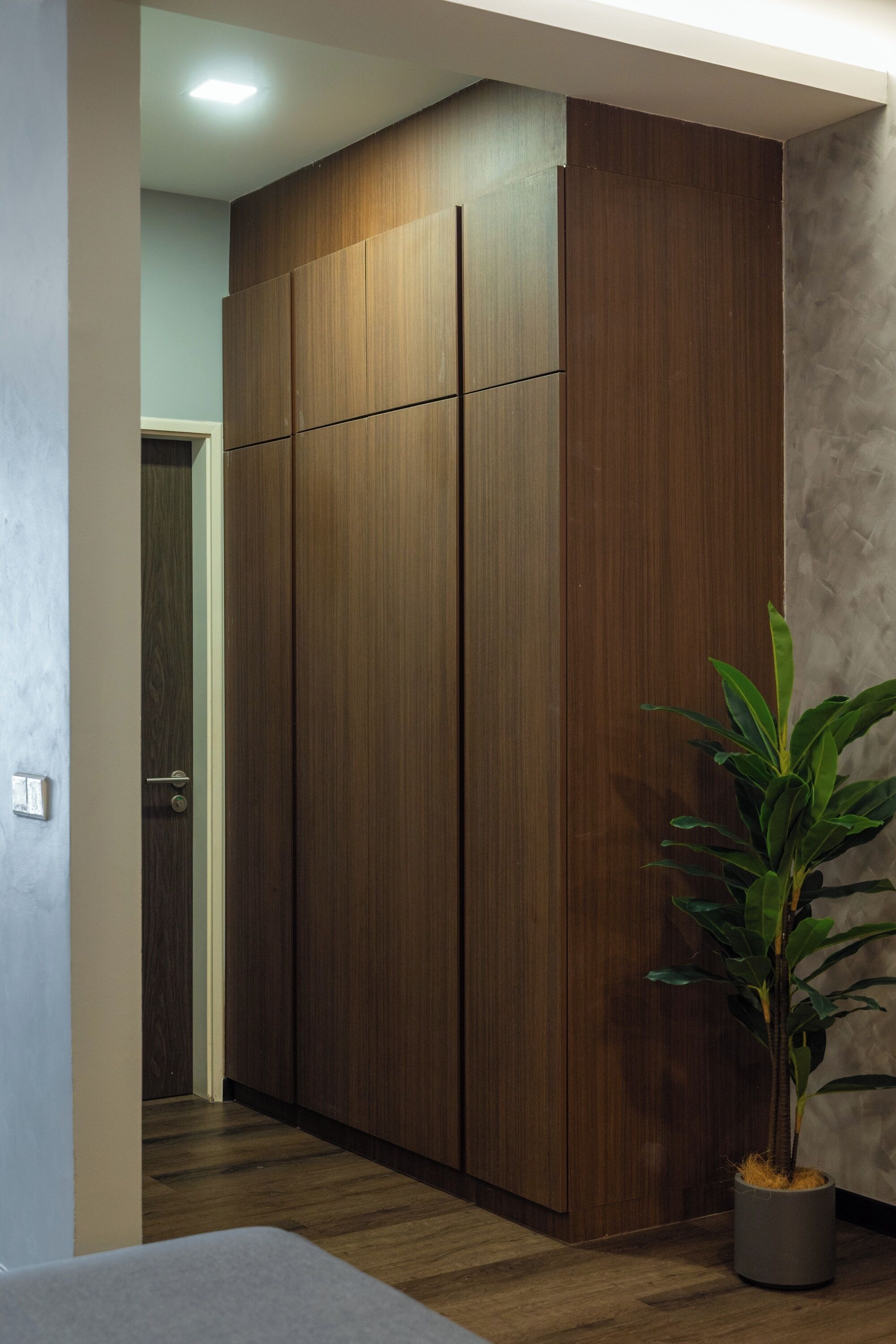 A room with a large wooden wardrobe, a potted plant, and a door leading to another room.