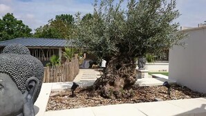 A garden with a large tree, a Buddha statue, and a building with a metal roof. - Amazing villa in Nuaillé-d'Aunis with sauna (Nuaillé-d'Aunis)
