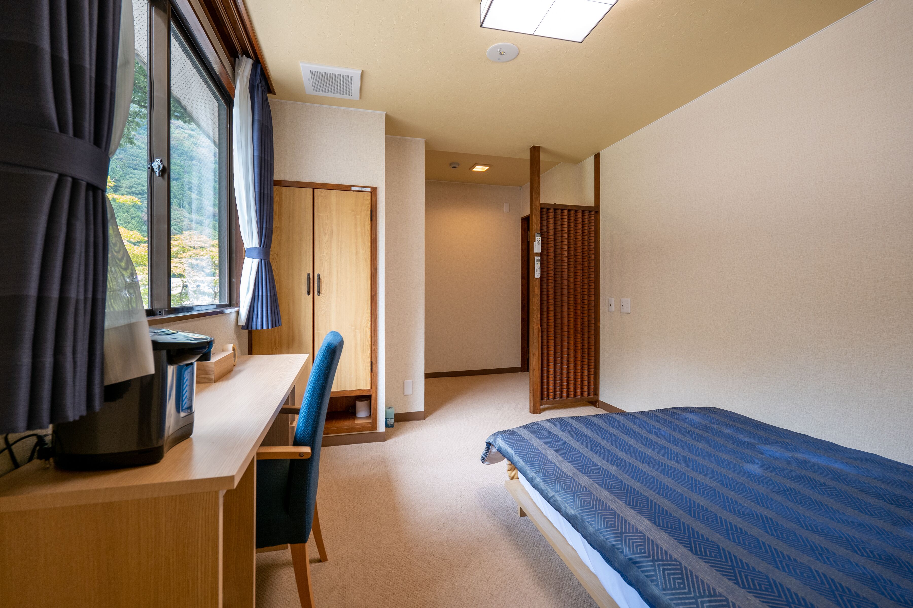 Un dormitorio con cama, escritorio, silla y armario.