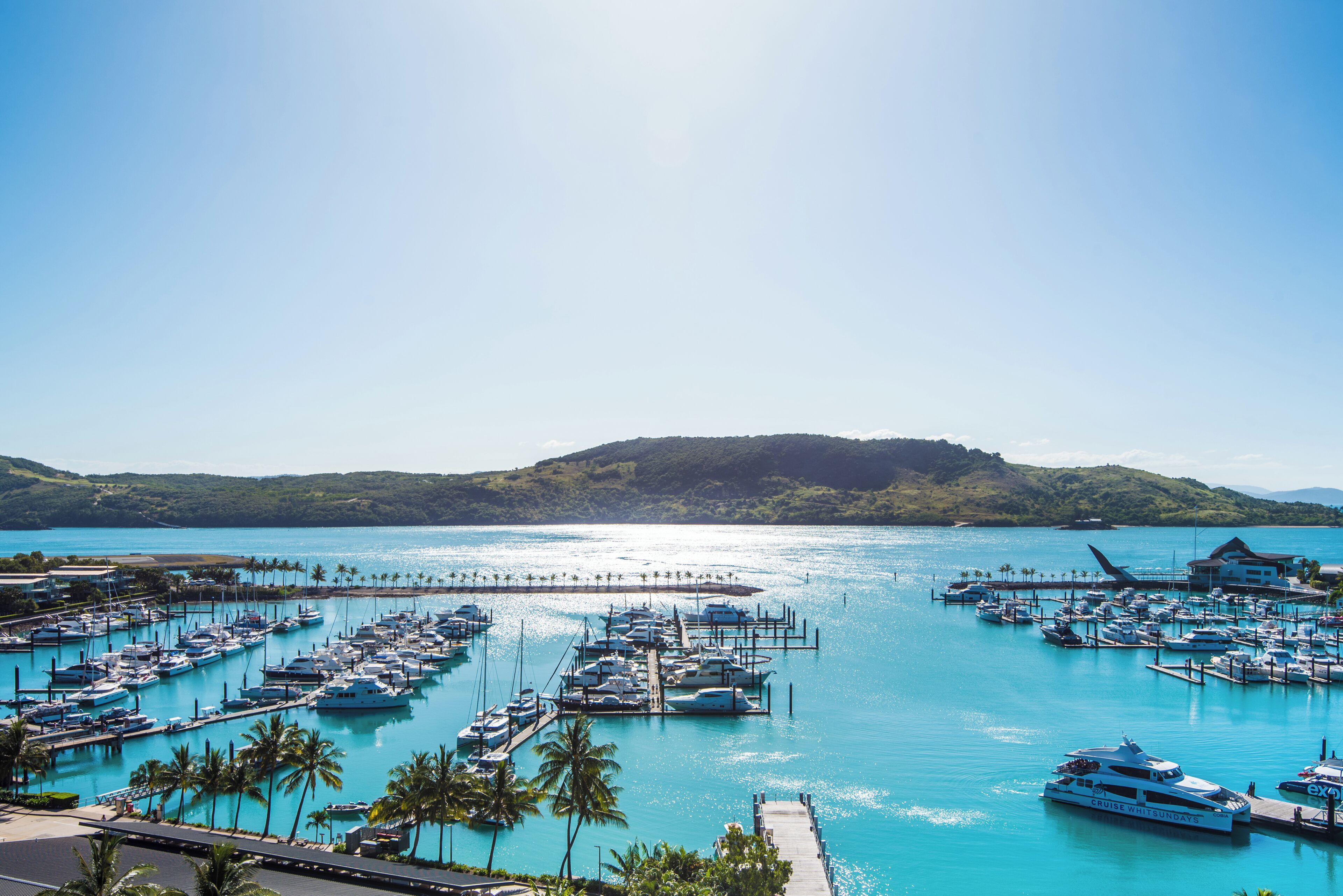 Un port de plaisance où sont amarrés des bateaux, entouré d’eau et de palmiers.