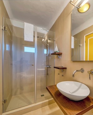 Shower, hair dryer, towels
