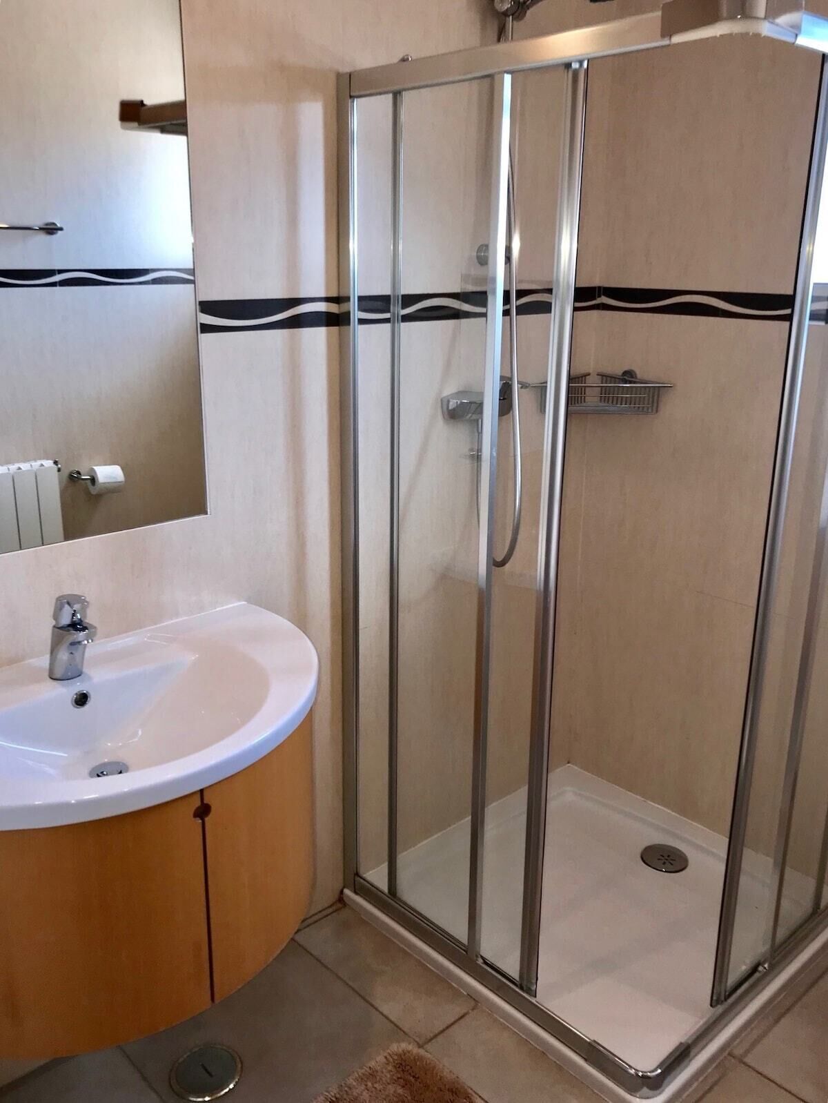 A bathroom with a glass-enclosed shower, a sink, and a mirror.