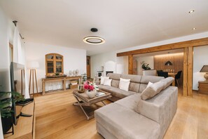 Smart TV, fireplace, books